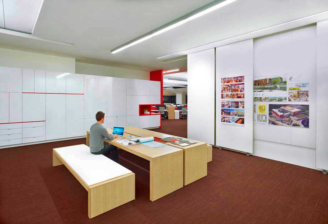 Architectural Office Workspace with Benches and Desks