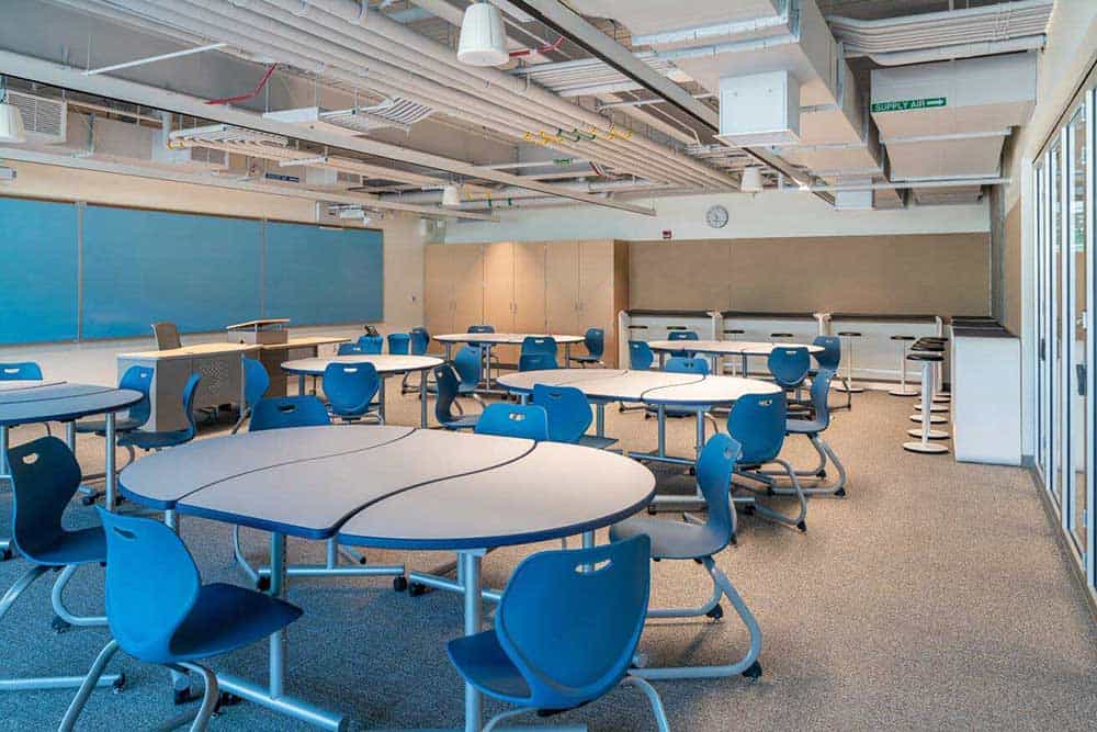 Classroom Design for 21st Century Learning complete with segmented tables and comfortable chairs
