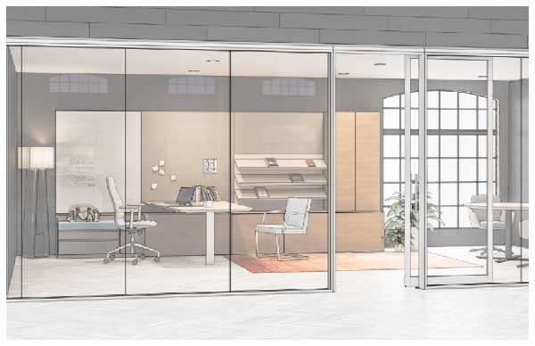 Rendering of glass walled elegant office interior design by Pacific Office Interiors