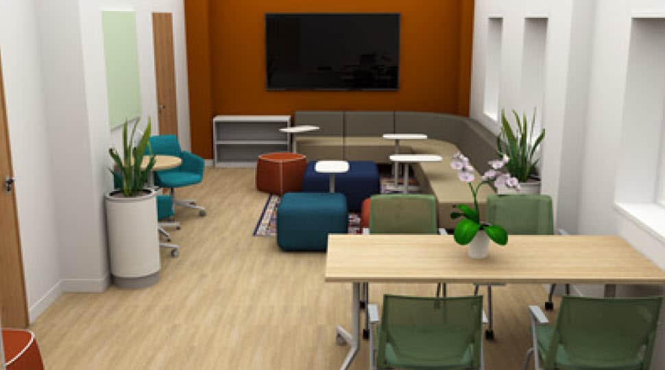 USC NASC Lounge Rendering with Individualized Riverbend Sofa and TV