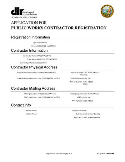 Pacific Office Interiors Public Works Contractor Registration