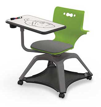 Green and charcoal gray Enroll Classroom chair featuring casters, swiveling seat, storage and a porcelain whiteboard work table.