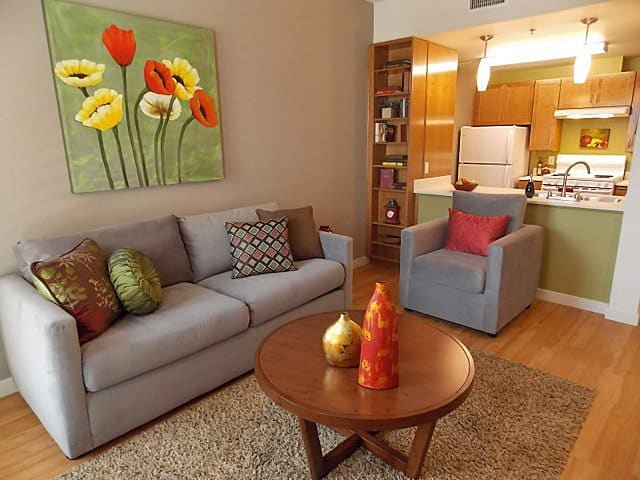 Sofa, chair, tables and accessories in a NoHo unit.