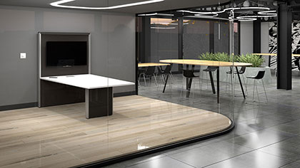 Enwork’s Concurrence video sharing furniture strikes a balance between enclosed meeting rooms and isolated participation.